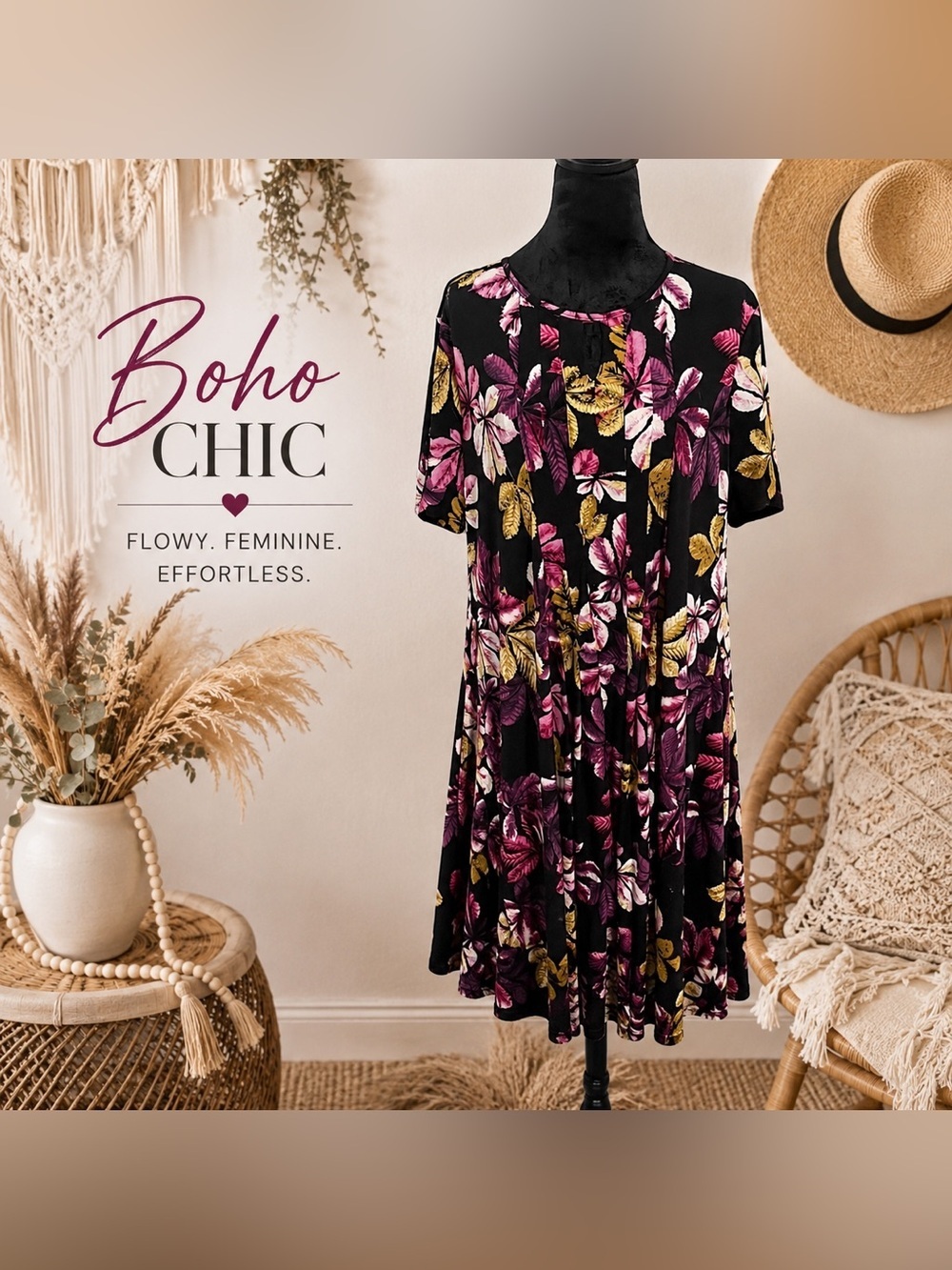 NTouch Women’s 1X Black Floral Swing Dress Pink Gold Leaf Print Plus Size